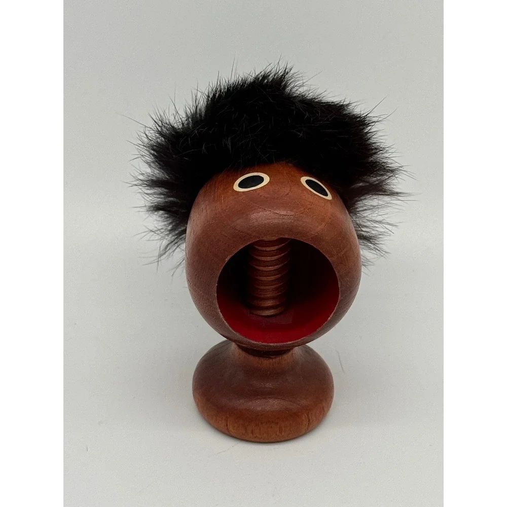 Vintage 60s MCM Japan Wooden Troll Screw Nutcracker The Scream Teak Fur Hair